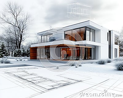 Design framework in focus - house model positioned over detailed blueprints, emphasizing architectural structure Stock Photo