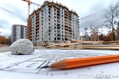 Design framework in focus - house model positioned over detailed blueprints, emphasizing architectural structure Stock Photo