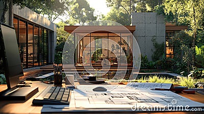 Design framework in focus - house model positioned over detailed blueprints, emphasizing architectural structure Stock Photo