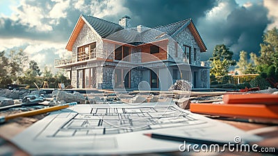 Design framework in focus - house model positioned over detailed blueprints, emphasizing architectural structure Stock Photo