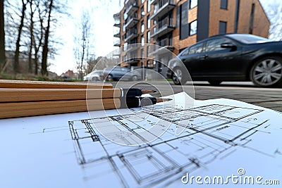 Design framework in focus - house model positioned over detailed blueprints, emphasizing architectural structure Stock Photo