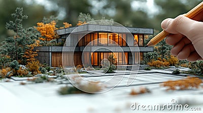 Design framework in focus - house model positioned over detailed blueprints, emphasizing architectural structure Stock Photo
