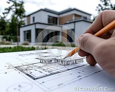 Design framework in focus - house model positioned over detailed blueprints, emphasizing architectural structure Stock Photo