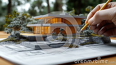 Design framework in focus - house model positioned over detailed blueprints, emphasizing architectural structure Stock Photo