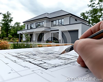 Design framework in focus - house model positioned over detailed blueprints, emphasizing architectural structure Stock Photo
