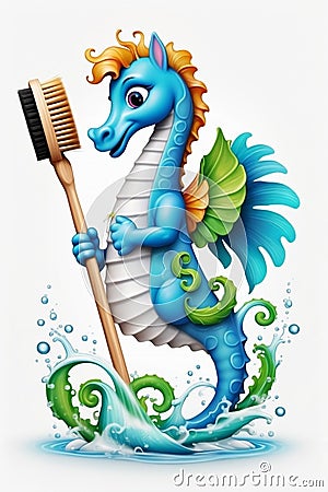 Design of a friendly and cute seahorse holding a cleaning brush on white background, symbol of consciouness, cleanliness, business Stock Photo