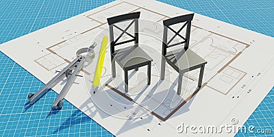 Design furniture concept. Chair, pencil, calipers on drawing blueprint. Overhead view. 3d render Stock Photo