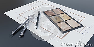 Design furniture home. Pencil, calipers, various wooden sample on blueprint background. 3d render Stock Photo