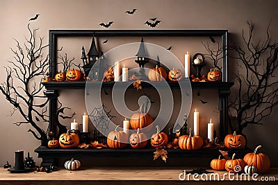 A Halloween-themed mockup featuring a spooky shelf adorned with eerie holiday decorations. Stock Photo