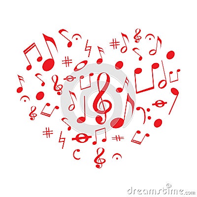 Design of the heart with red music notes Vector Illustration