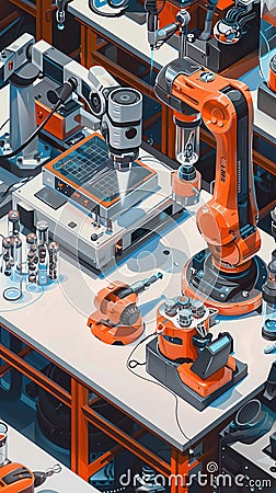 Design a highangle view artwork capturing a comedic mishap in a nanoengineering lab where microscopic robots hilariously Stock Photo