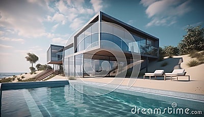 Design house - modern villa with open plan living and private bedroom wing. Large terrace with privacy and, swimming Stock Photo