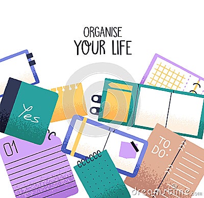 Design of inspiration card with paper organizers, planners. Background with open notebooks, notepad with empty pages for Vector Illustration