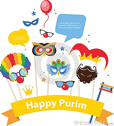 Design for Jewish holiday Purim with masks and Vector Illustration