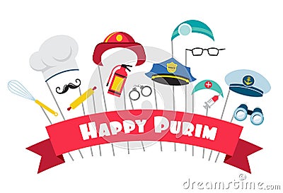 Design for Jewish holiday Purim with masks and traditional props. Vector illustration Vector Illustration