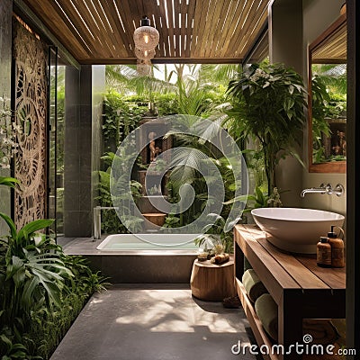 a large bathtub in a light-filled, cozy bathroom in a home Stock Photo