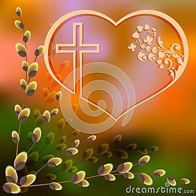 Design made of willow branches and silhouettes of the heart with a cross Vector Illustration