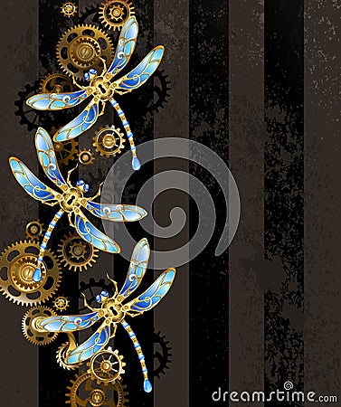 Design with mechanical dragonflies on striped brown background Vector Illustration