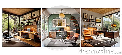 design mid century modern home office interior design ai generated Cartoon Illustration
