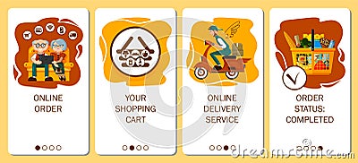 Design of mobile app to onboarding screens. Online order service, food delivery, order grocery in online store Vector Illustration