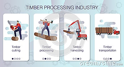 Set of web pages on theme of logging, loading and transportation of timber Vector Illustration