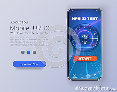 Design of mobile app, UI, UX, GUI. Internet speed test smartphone interface vector template. Mobile app page blue design Vector Illustration