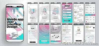 Design of the mobile application, UI, UX. A set of GUI screens with login and password input, home page, news feed Vector Illustration