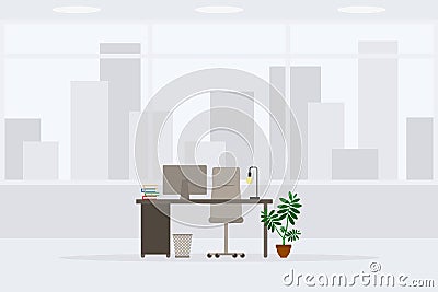 Design of modern empty office working place front view vector illustration. Table, desk, chair, computer, desktop isolated icon Vector Illustration