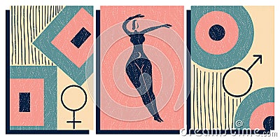 Design in a modern mid-century style. A set of posters with symbols and a female silhouette, with an antique texture Vector Illustration