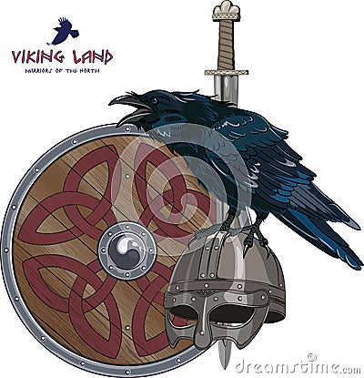 Design with Nordic sword, shield, Viking helmet and sitting on it Raven Cartoon Illustration