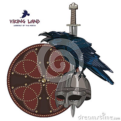 Design with Nordic sword, shield, Viking helmet and sitting on it Raven Vector Illustration