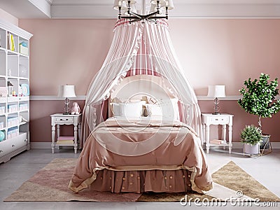 Design of a nursery for a girl in pink colors in a classic style with a beautiful four-poster bed and a white rack with books and Stock Photo