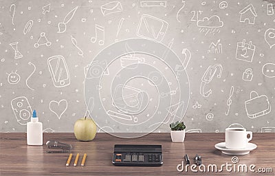 Design office desk with drawings background Stock Photo