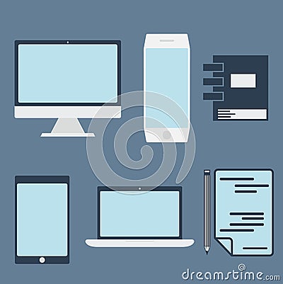 design office elements and computer ,tablet, laptop and sma Vector Illustration