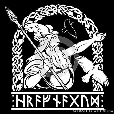 Design in Old Norse style. Ancient Norse God Wotan and Two Ravens. Written in runes is Hrafnagud, the name of the God Cartoon Illustration