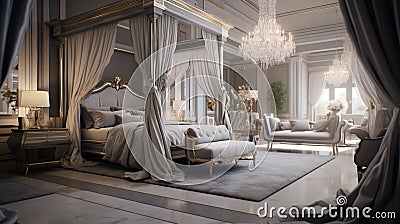 Design an opulent luxury bedroom with a king-sized canopy bed, silk drapes, and crystal chandeliers, exuding timeless elegance Stock Photo