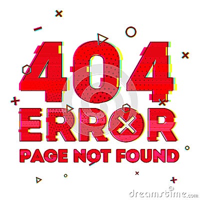 Design a page with error 404 page not found. Error 404 is a glitch and noise style. Design banner in red and vhs effect Vector Illustration