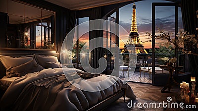 Design a Parisian chic luxury bedroom with a wrought-iron bed, silk drapes, and a balcony overlooking the Eiffel Tower Stock Photo