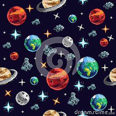 Colorful pixel planets in seamless background Vector Illustration