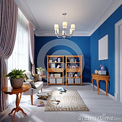 Design of a playroom for a small child, blue, white and orange. Rack with toys and decor and a stylish sofa Stock Photo