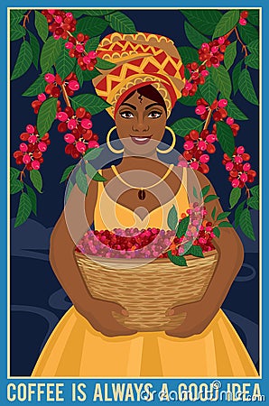 Design of a poster with african woman with a basket harvests arabica coffee beans Vector Illustration