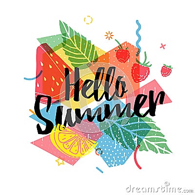 Design print for summer season. Abstract background with silhouettes fruit, lemon, strawberry and mint, geometric Vector Illustration