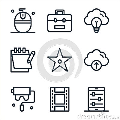 design printing line icons. linear set. quality vector line set such as smartphone, movie, roller, cloud, star, calendar, cloud, Vector Illustration