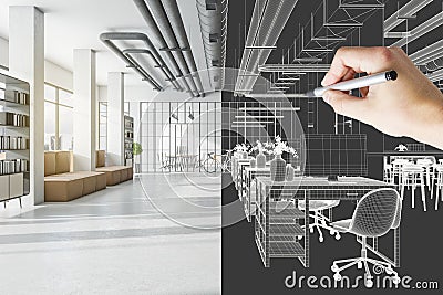 Design project development with 3D visualization of sunny industrial open space office with sofa on concrete floor and lattice Stock Photo