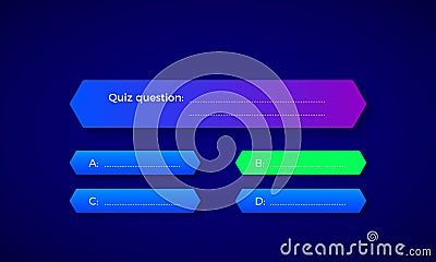 Design of quiz in blue color. Question and four answer option. Correct answer is green. Vector illustration Vector Illustration