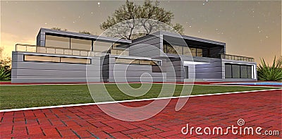 Design of red brick paving with white illuminated curb on the green lawn at night on the territory of elite country hotel. 3d Stock Photo