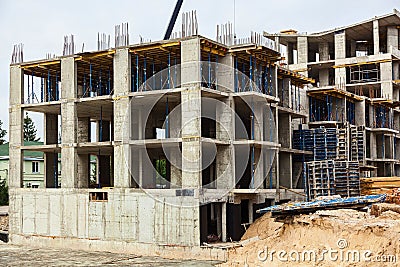 Design of reinforcement frame reinforcement for concrete frame house, brick house, formwork for concreting, construction site, Stock Photo