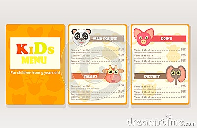 Design sample kids menu for cafes, restaurants. Cartoon Illustration