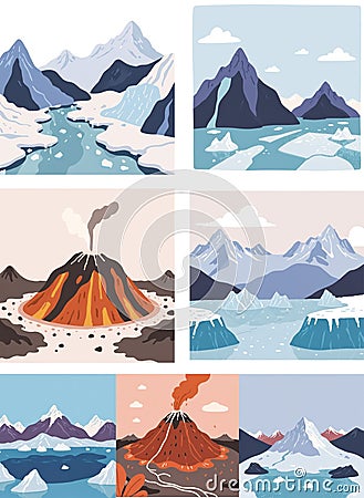 set of illustrations nature landscapes Cartoon Illustration