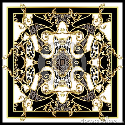 Design scarf with leopard skin and golden baroque elements. Vector. Vector Illustration